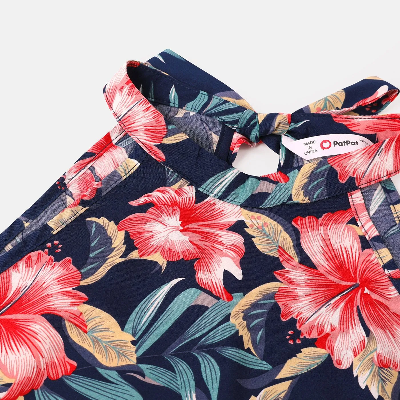 Family Matching Allover Floral Print Halterneck Dresses and Short-sleeve Shirts Sets