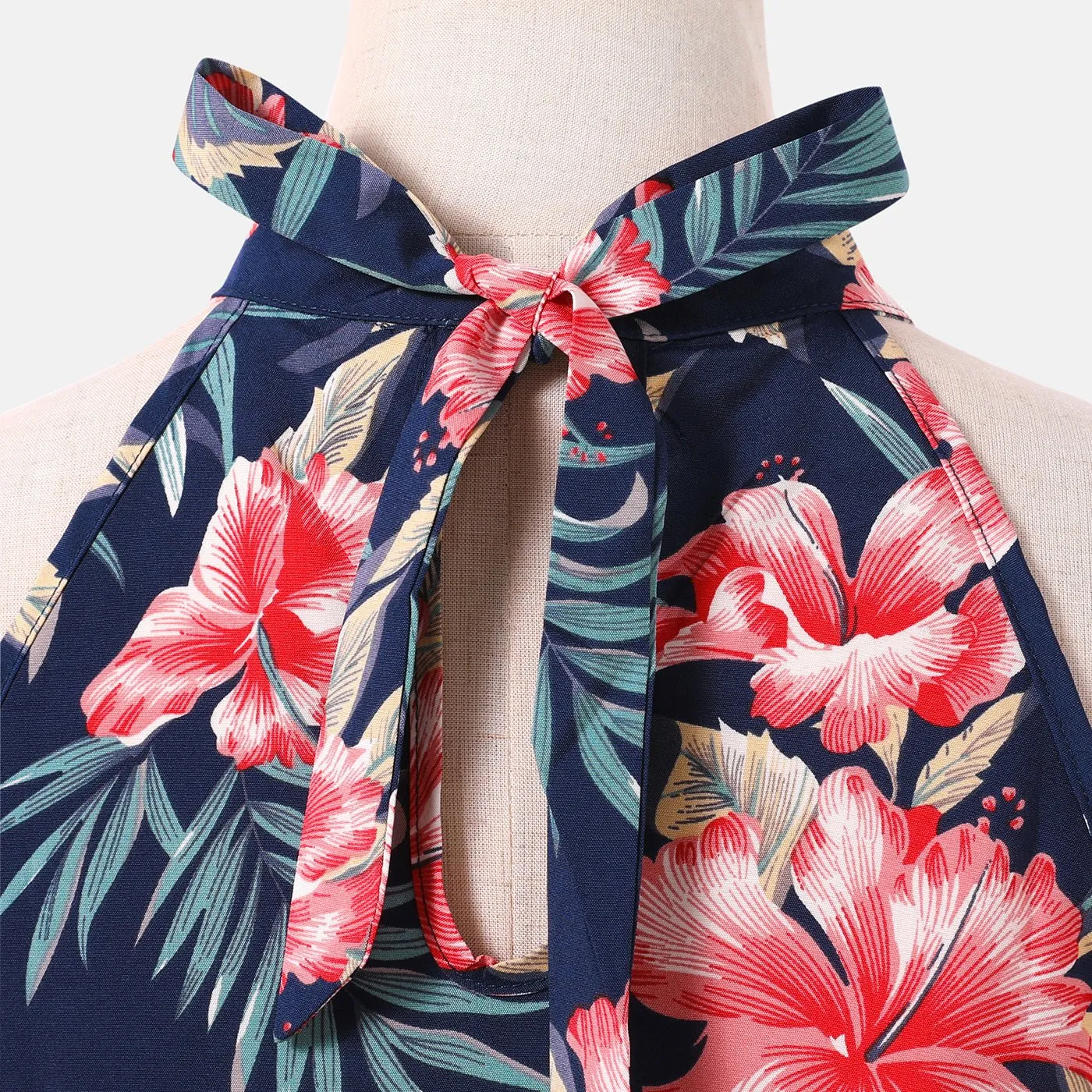 Family Matching Allover Floral Print Halterneck Dresses and Short-sleeve Shirts Sets