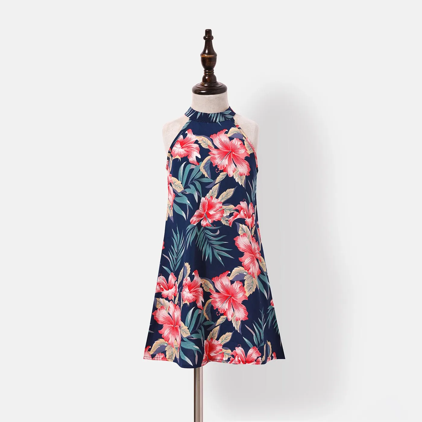 Family Matching Allover Floral Print Halterneck Dresses and Short-sleeve Shirts Sets