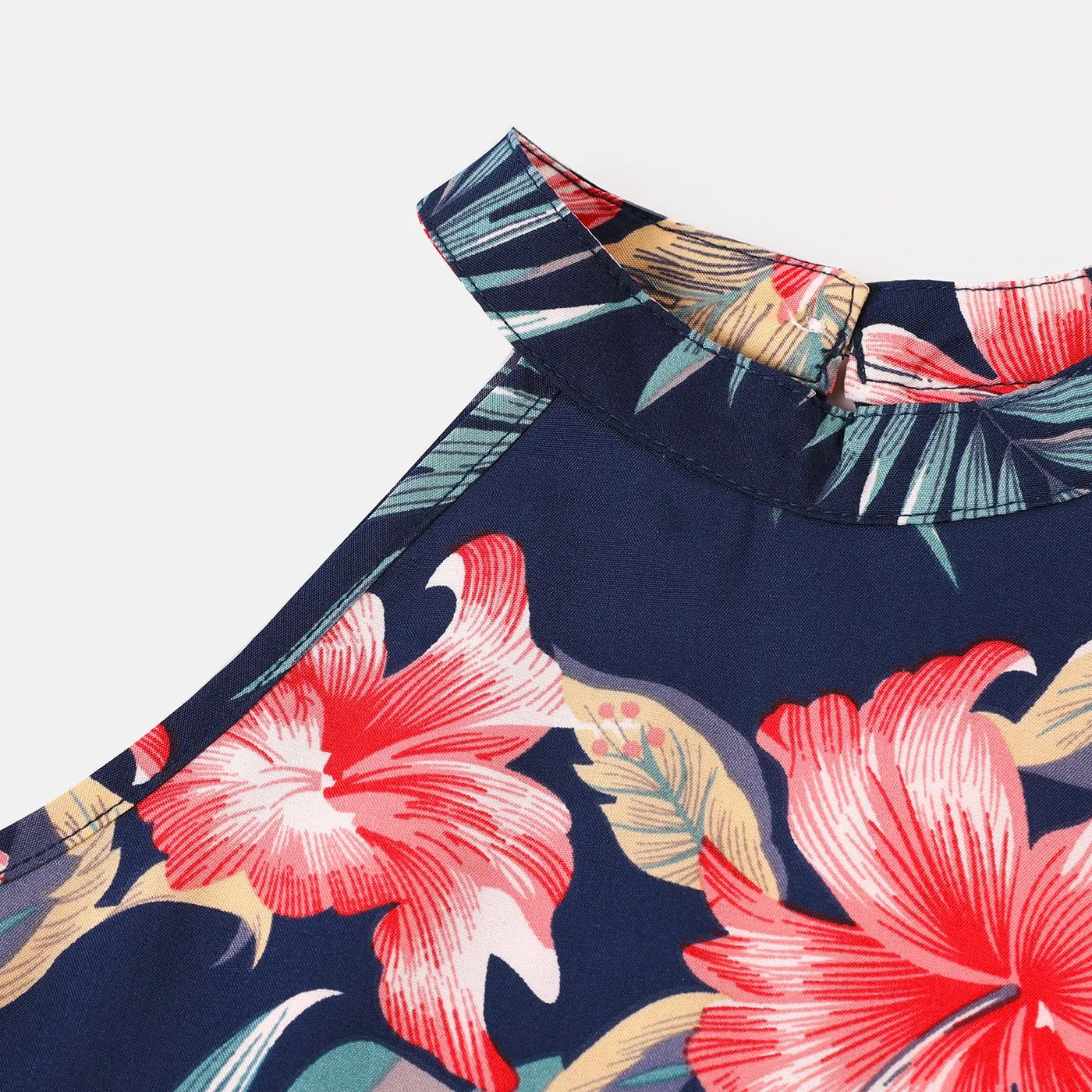Family Matching Allover Floral Print Halterneck Dresses and Short-sleeve Shirts Sets