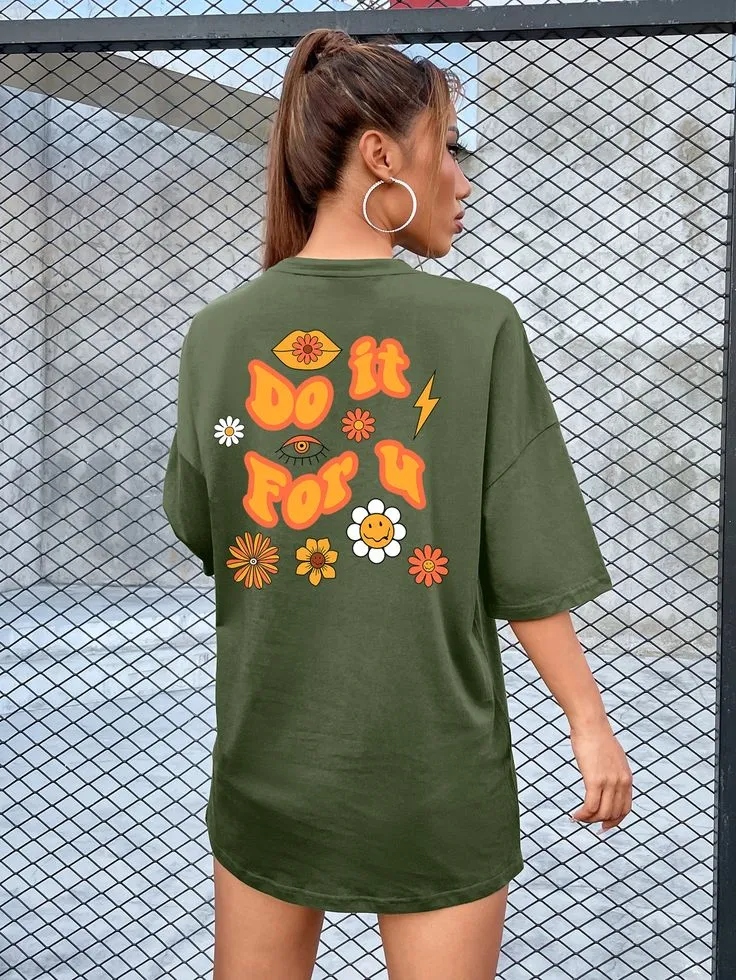 Floral & Slogan Graphic Drop Shoulder Tee