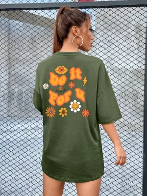 Floral & Slogan Graphic Drop Shoulder Tee