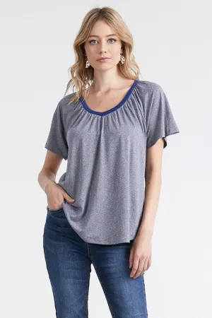 Heather Gray Navy Vneck Band SS Top