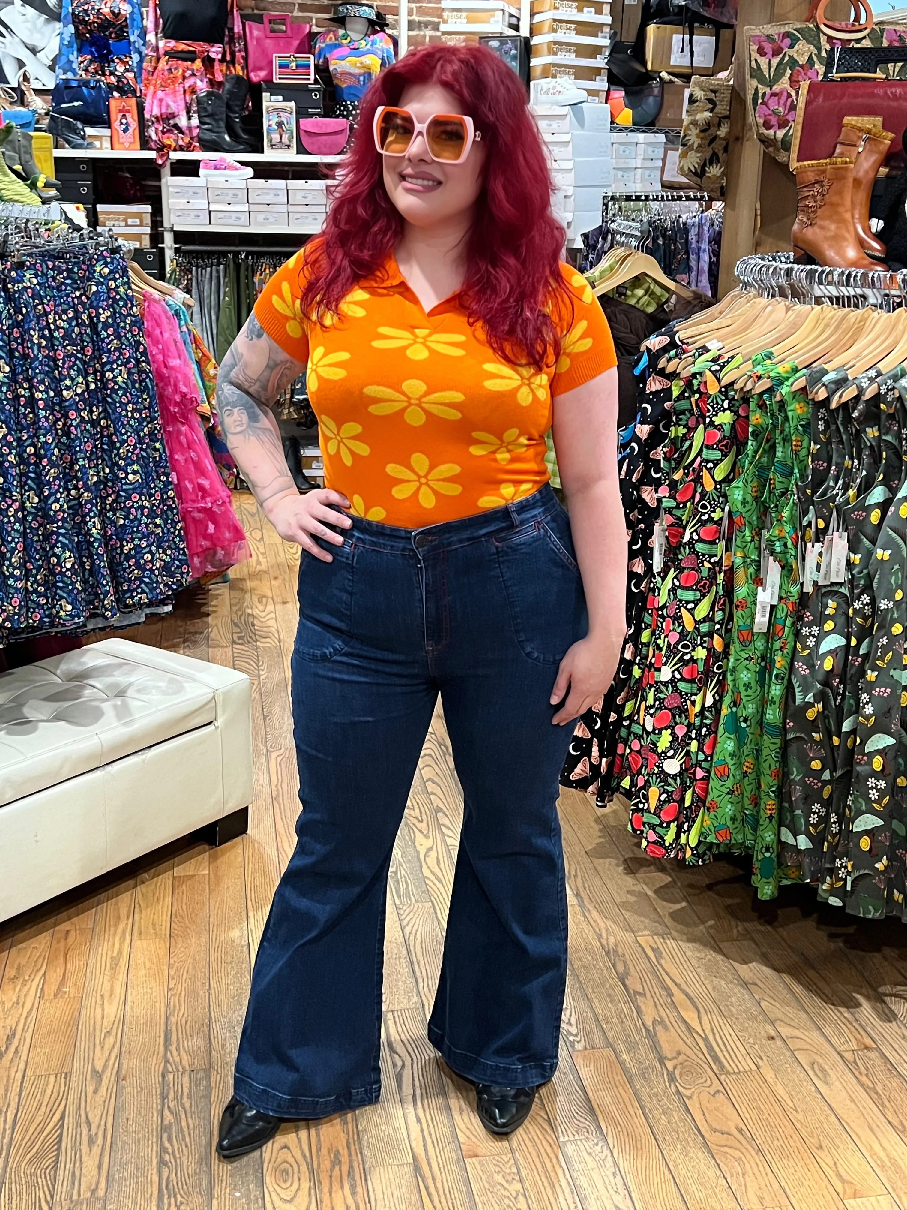 High Waisted Flare Dark Wash Jaclyn Jeans by Hell Bunny