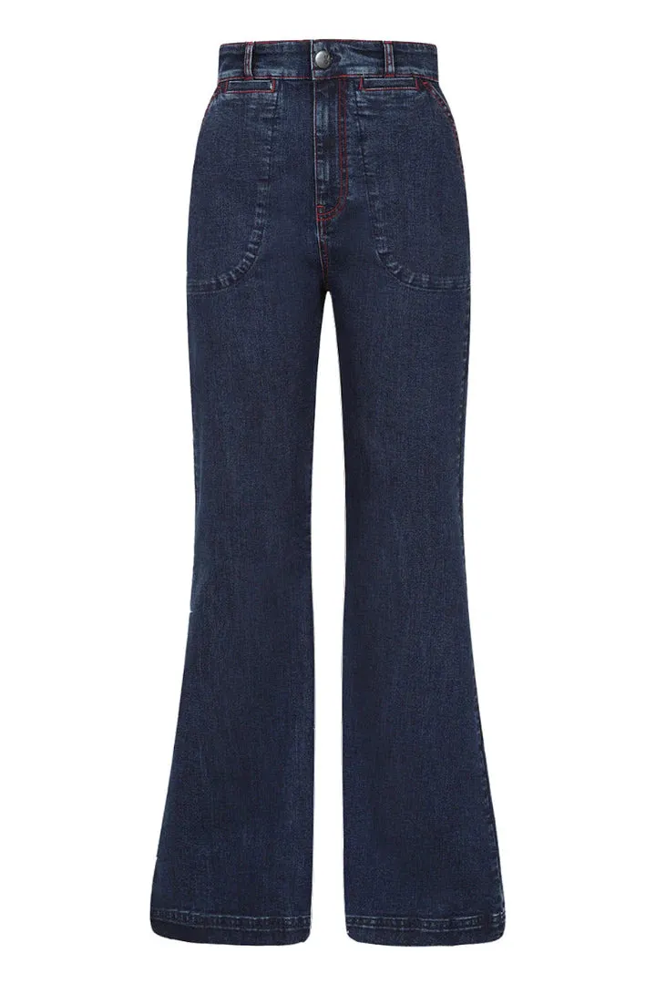 High Waisted Flare Dark Wash Jaclyn Jeans by Hell Bunny