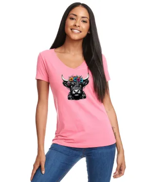 Highland Cow Floral Graphic Tshirt - VNeck Triblend