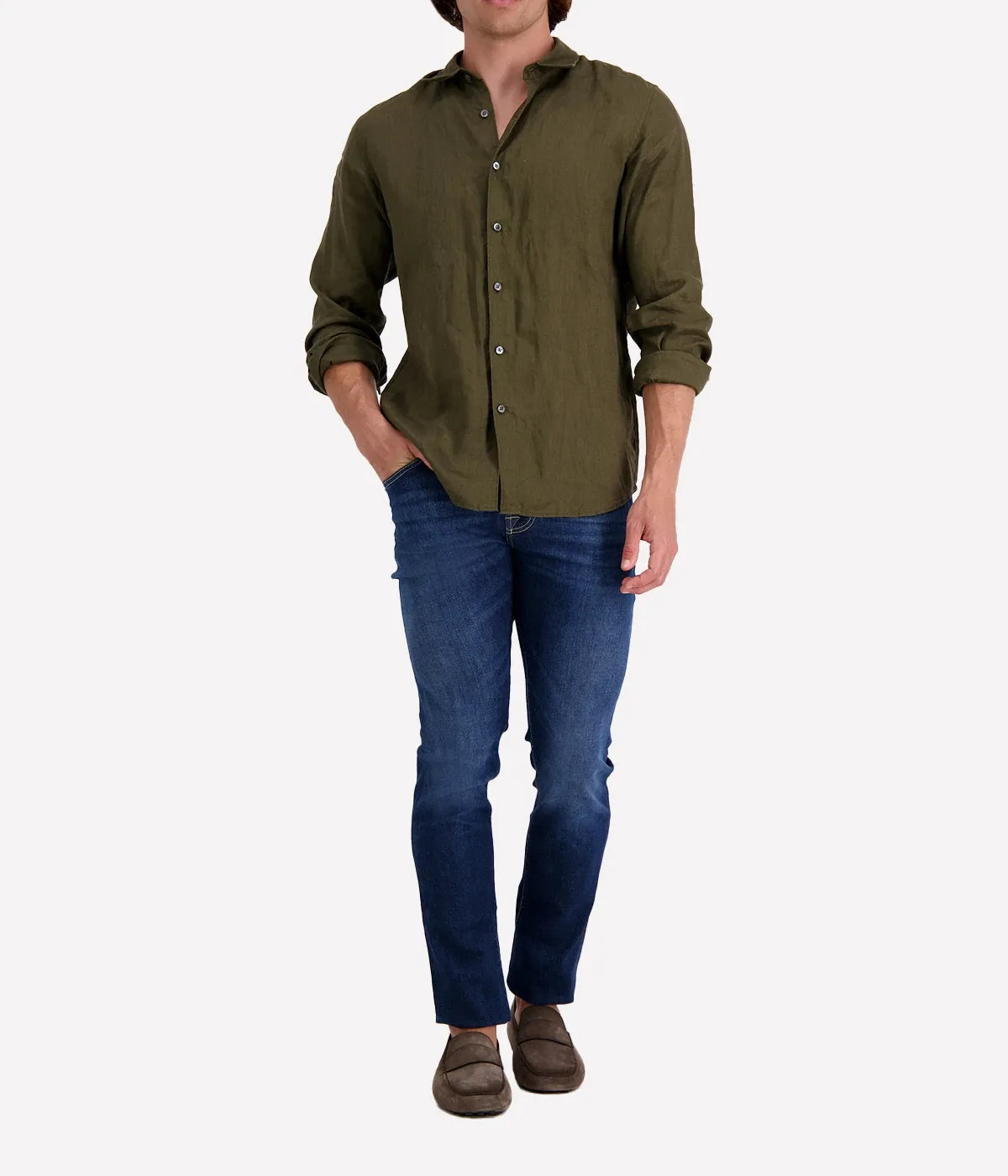 Irving Relaxed Linen Shirt in Dark Olive