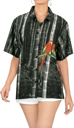 La Leela Women's Bamboo Wood Print Relaxed fit Blouse Hawaiian Aloha Tropical Beach Short Sleeve Shirt Satin Black