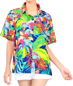 La Leela Women's Exotic Colour Blast Relaxed fit Hawaiian Aloha Tropical Beach  Short Sleeve Blouse Printed Shirt Green Pink Blue