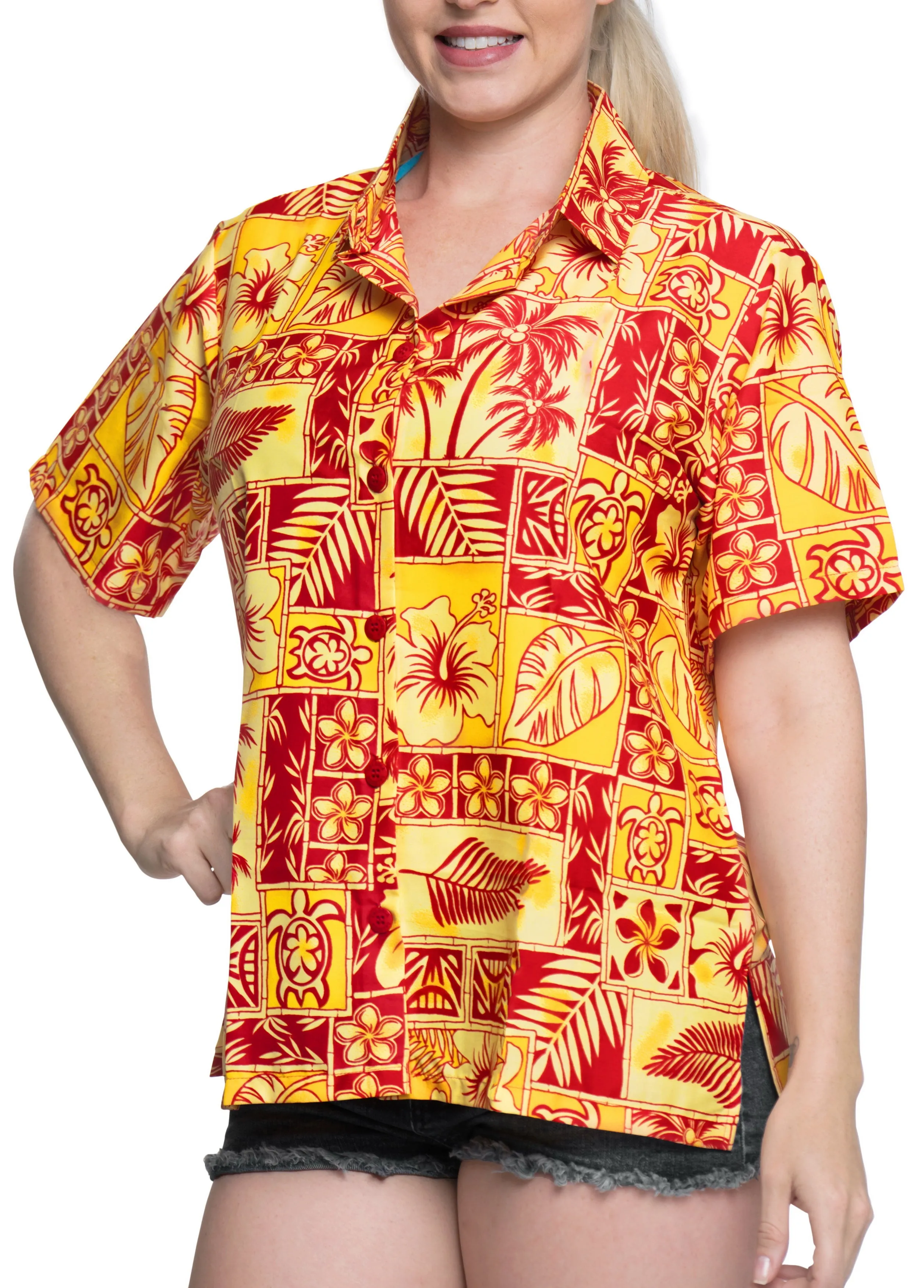 La Leela Women's Exotic Hawaiian Relaxed fit Aloha Tropical Beach Short Sleeve Blouse Printed Shirt Yellow Red
