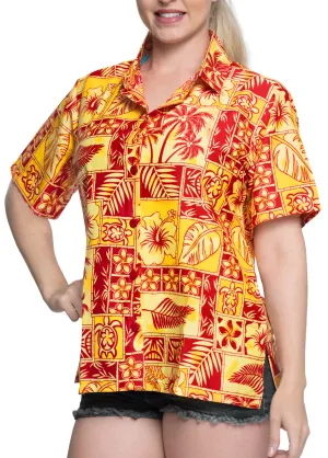 La Leela Women's Exotic Hawaiian Relaxed fit Aloha Tropical Beach Short Sleeve Blouse Printed Shirt Yellow Red