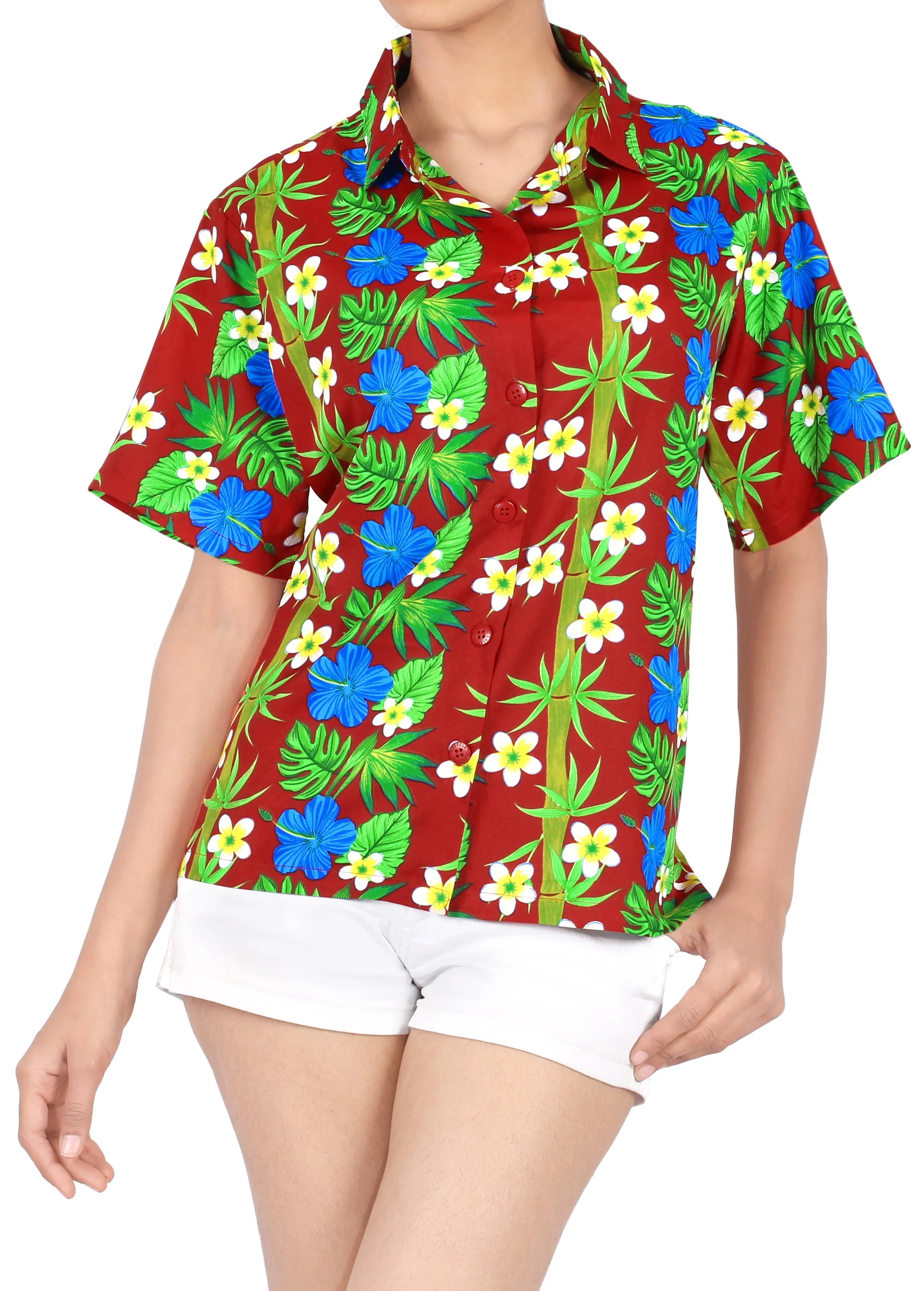 La Leela Women's Hawaiian Hibiscus Relaxed fit Beach Aloha Tropical Beach  Short Sleeve Floral Printed  Shirt Tanager Red