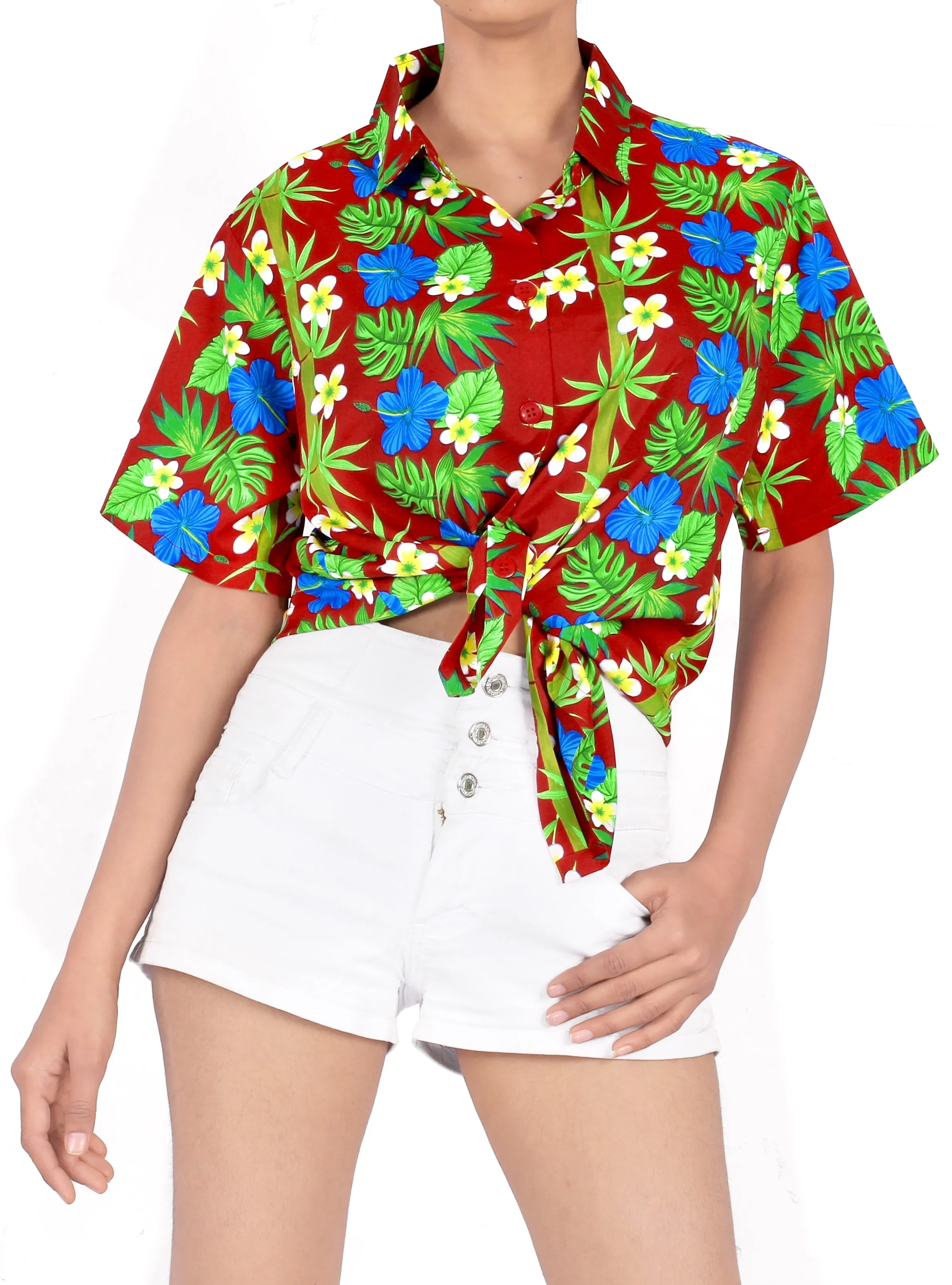 La Leela Women's Hawaiian Hibiscus Relaxed fit Beach Aloha Tropical Beach  Short Sleeve Floral Printed  Shirt Tanager Red
