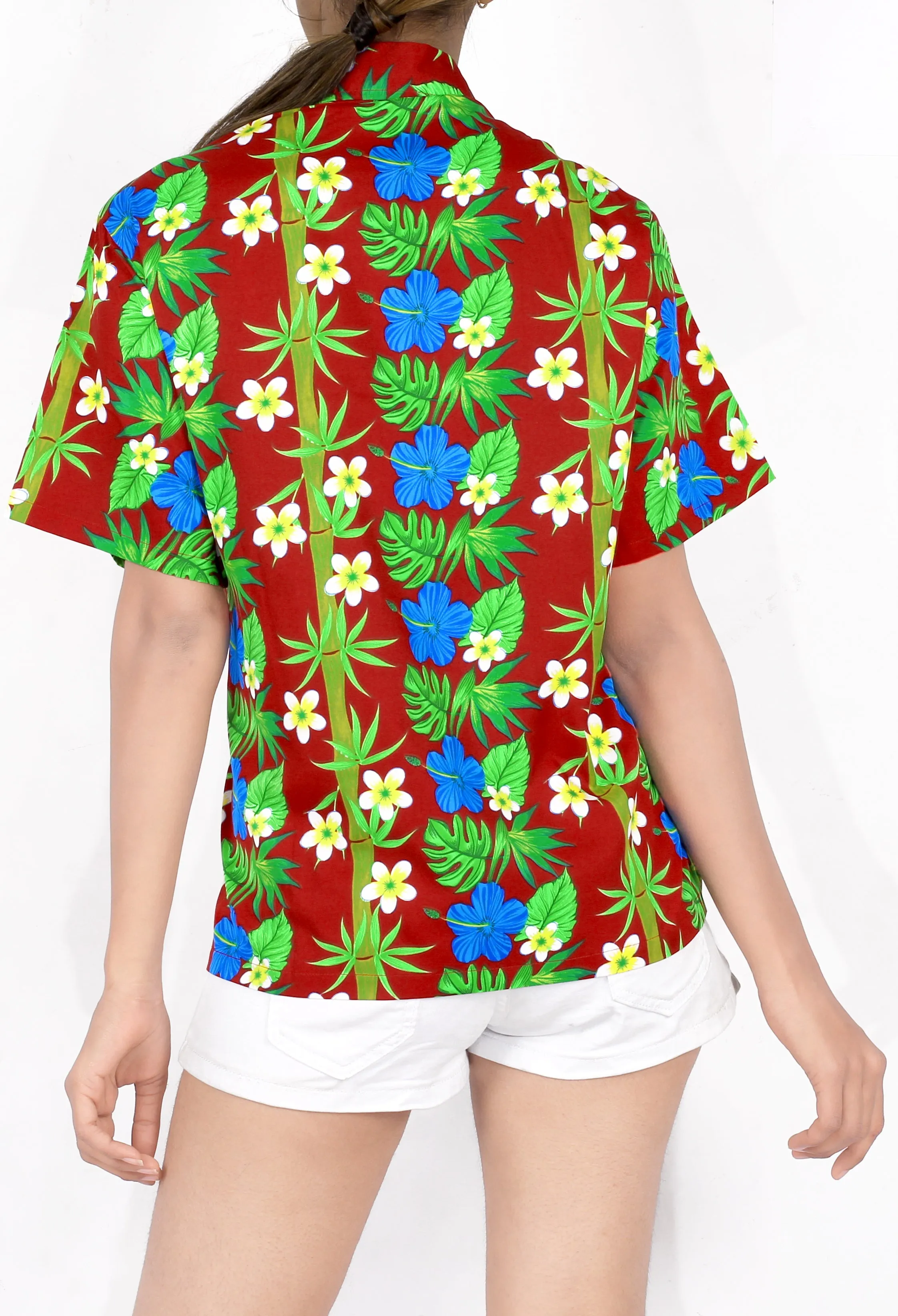 La Leela Women's Hawaiian Hibiscus Relaxed fit Beach Aloha Tropical Beach  Short Sleeve Floral Printed  Shirt Tanager Red