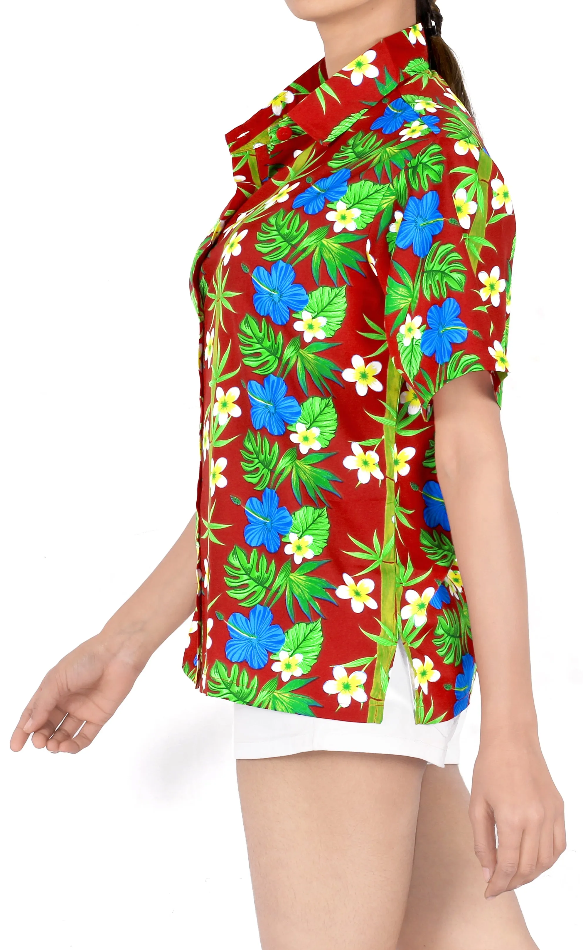 La Leela Women's Hawaiian Hibiscus Relaxed fit Beach Aloha Tropical Beach  Short Sleeve Floral Printed  Shirt Tanager Red