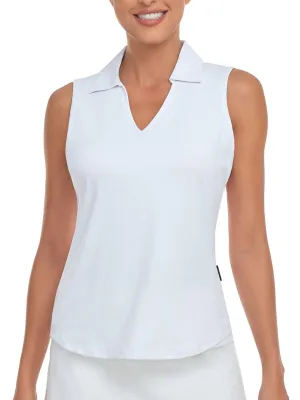 Ladies Sleeveless Golf Polo- 🏌🏿‍♀️SO® Solid White V-neck Sleeveless Shirts Moisture Wicking Tennis Shirts