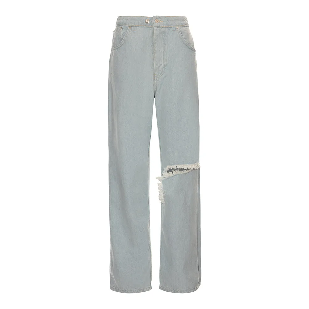 LIGHT BLUE DISTRESSED DENIM PANTS