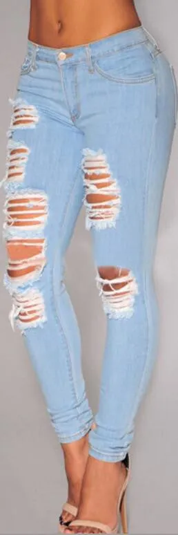Light Blue Ripped Holes Loose Long Denim Pants
