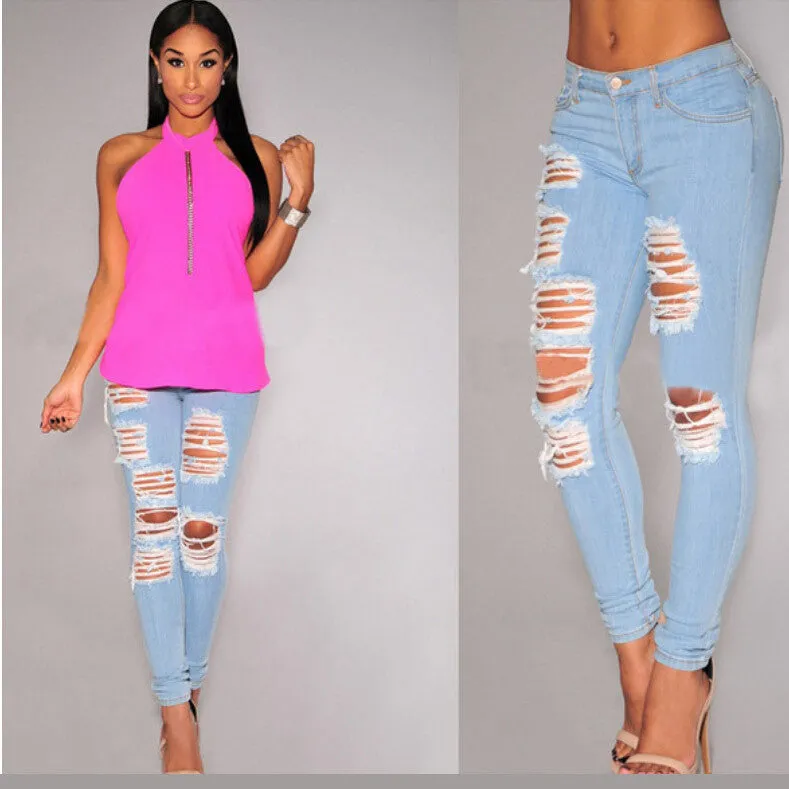 Light Blue Ripped Holes Loose Long Denim Pants
