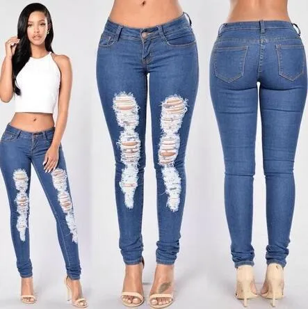 Light Blue Ripped Holes Loose Long Denim Pants
