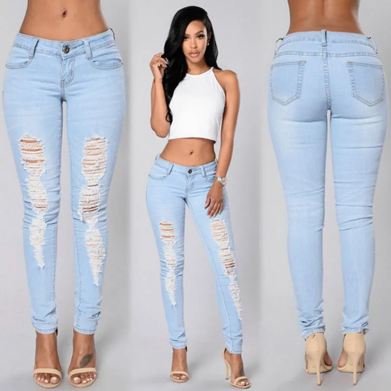 Light Blue Ripped Holes Loose Long Denim Pants