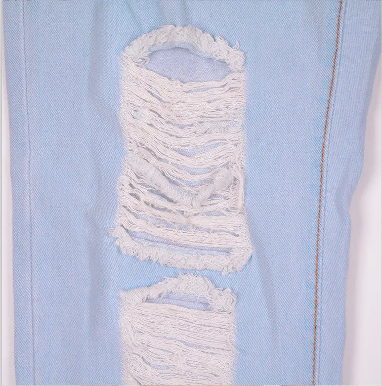 Light Blue Ripped Holes Loose Long Denim Pants