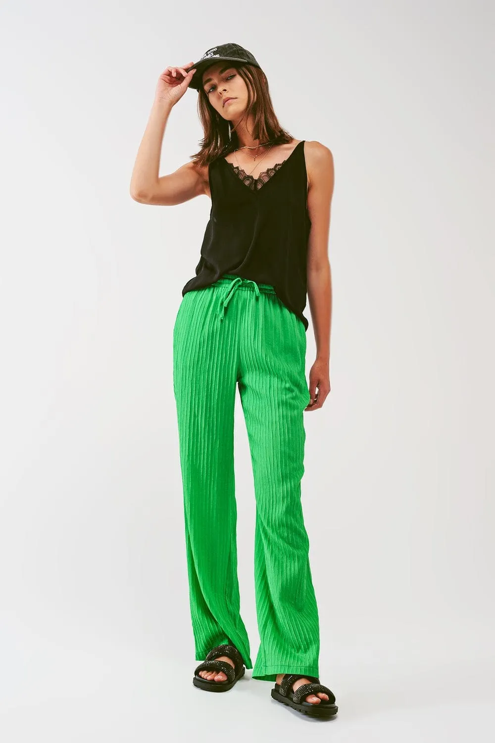 Loose Fit Striped Pants In Green