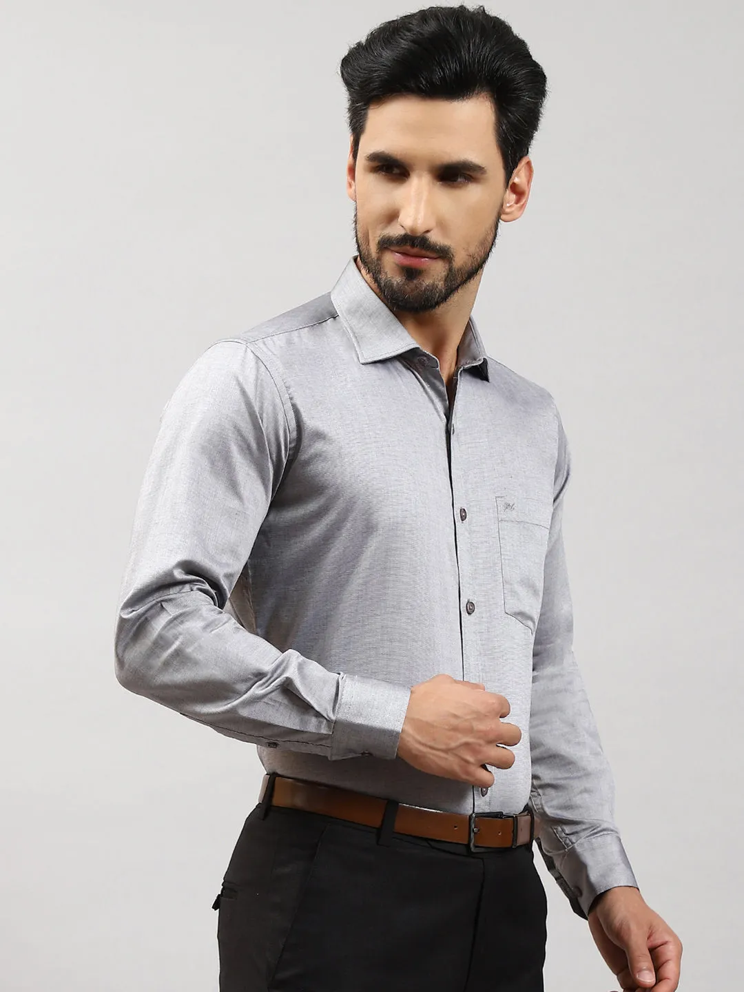 Men Grey Solid Collar Full Sleeve Shirts