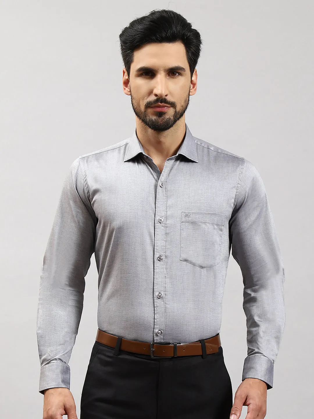 Men Grey Solid Collar Full Sleeve Shirts