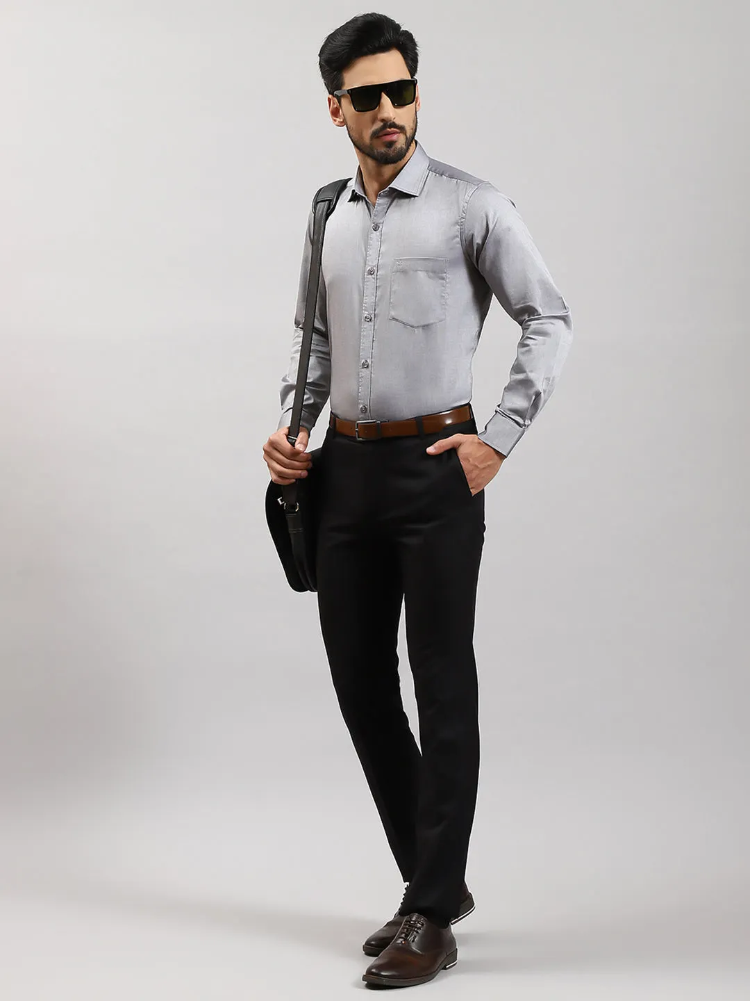 Men Grey Solid Collar Full Sleeve Shirts