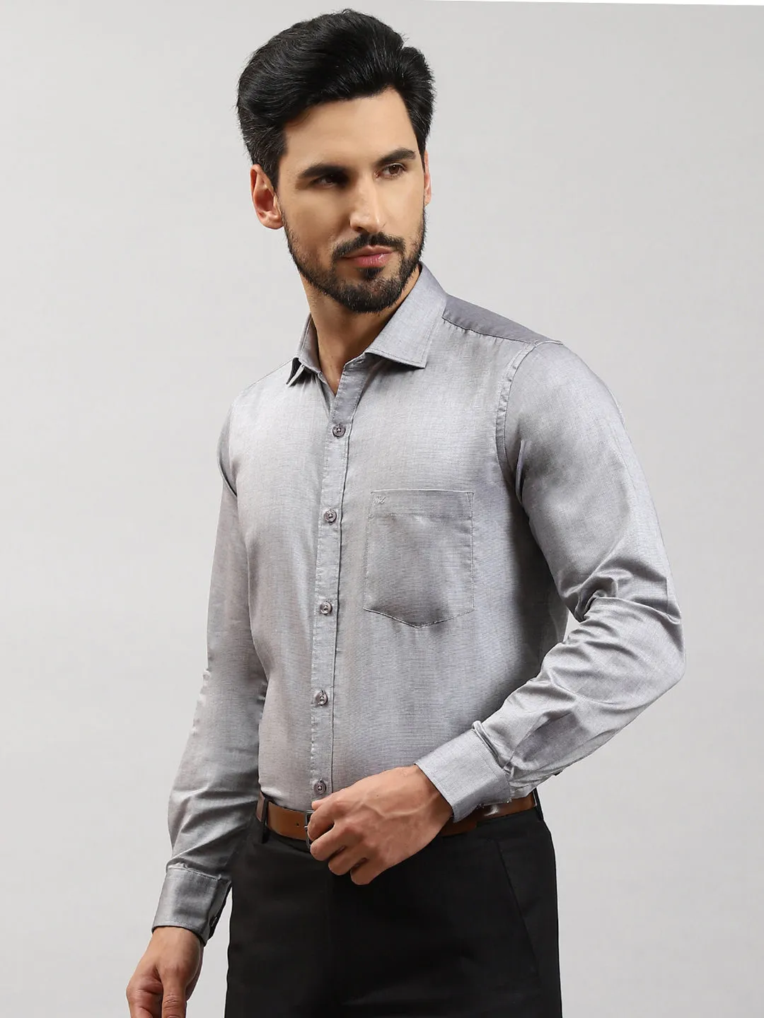 Men Grey Solid Collar Full Sleeve Shirts