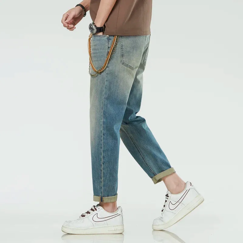 Mens Jeans Brand Men Harem Pants Stretch Retro Blue Ankle Length Denim Pants Streetwear Fashion Pockets Tapered Cropped Vintage