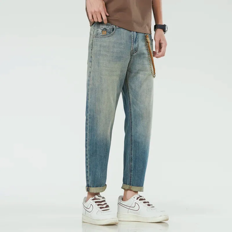 Mens Jeans Brand Men Harem Pants Stretch Retro Blue Ankle Length Denim Pants Streetwear Fashion Pockets Tapered Cropped Vintage