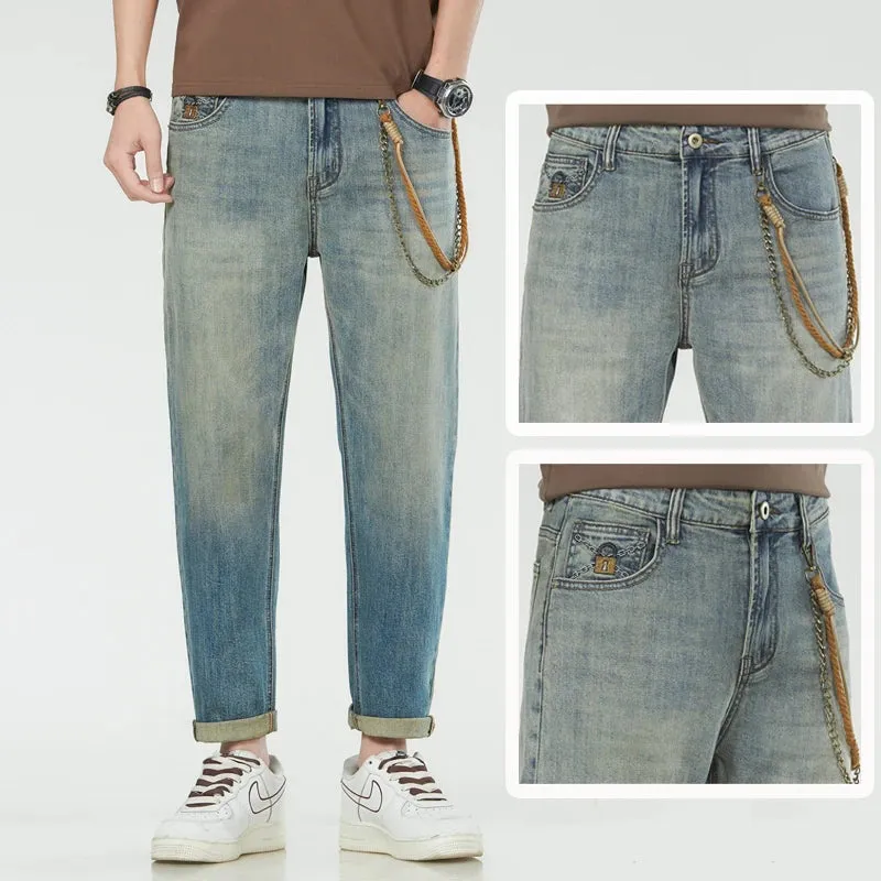 Mens Jeans Brand Men Harem Pants Stretch Retro Blue Ankle Length Denim Pants Streetwear Fashion Pockets Tapered Cropped Vintage