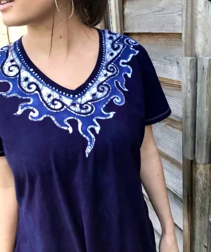 Navy Blue Necklace Handmade Batik Tee - Plus Size - 2X