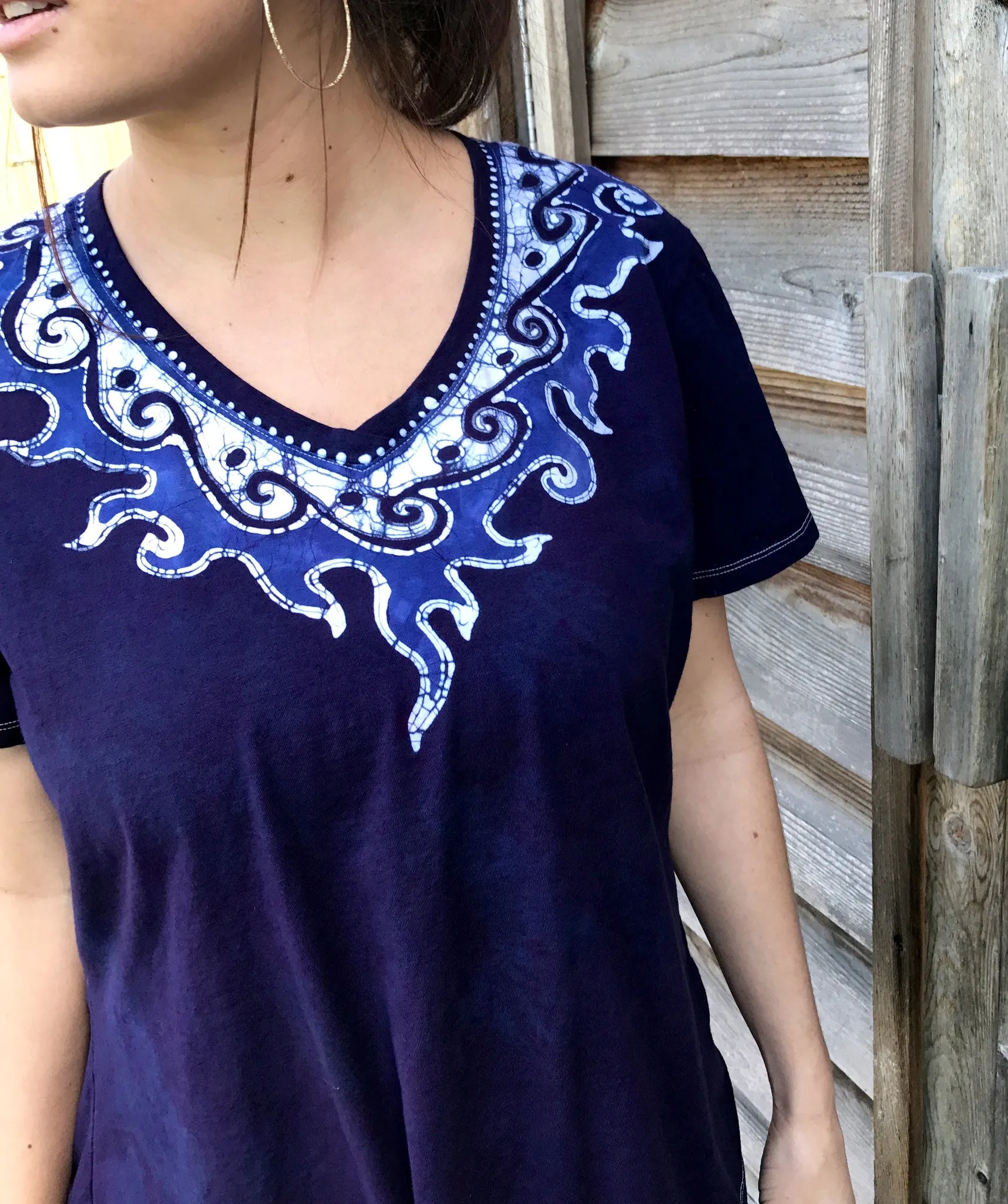 Navy Blue Necklace Handmade Batik Tee - Plus Size - 2X