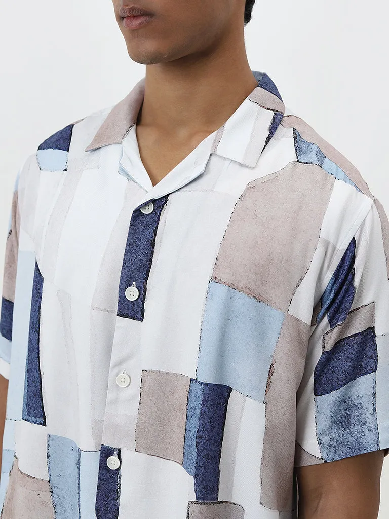 Nuon Light Blue Geometric Relaxed-Fit Shirt