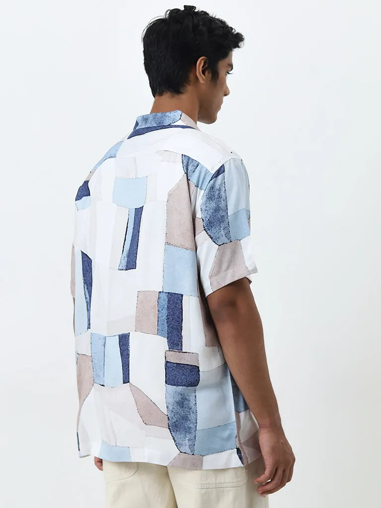 Nuon Light Blue Geometric Relaxed-Fit Shirt