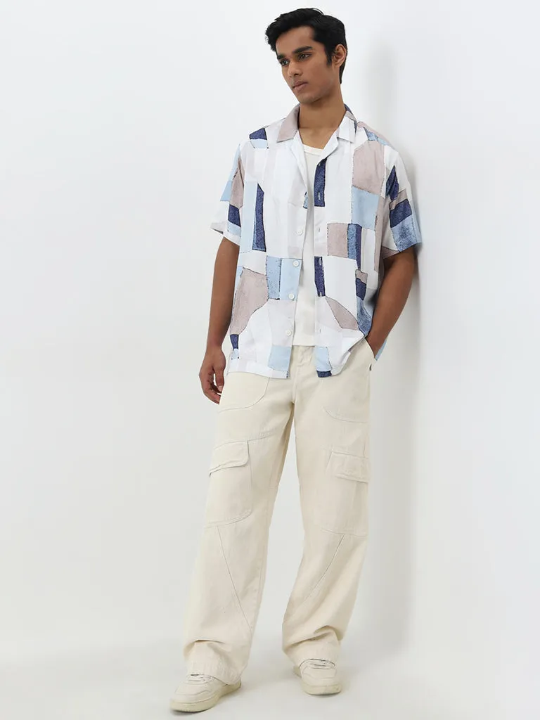 Nuon Light Blue Geometric Relaxed-Fit Shirt
