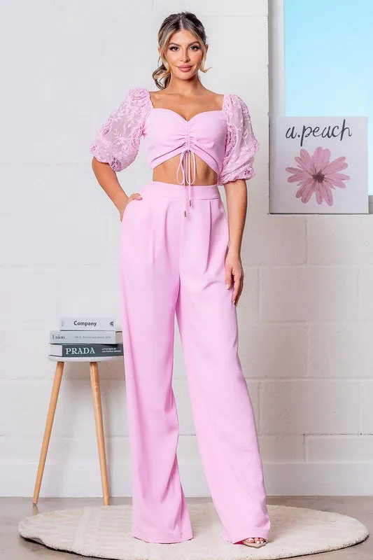 Pink Elbow Sleeve Top and Pants Set