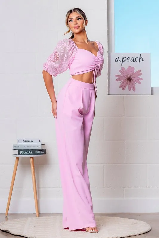 Pink Elbow Sleeve Top and Pants Set