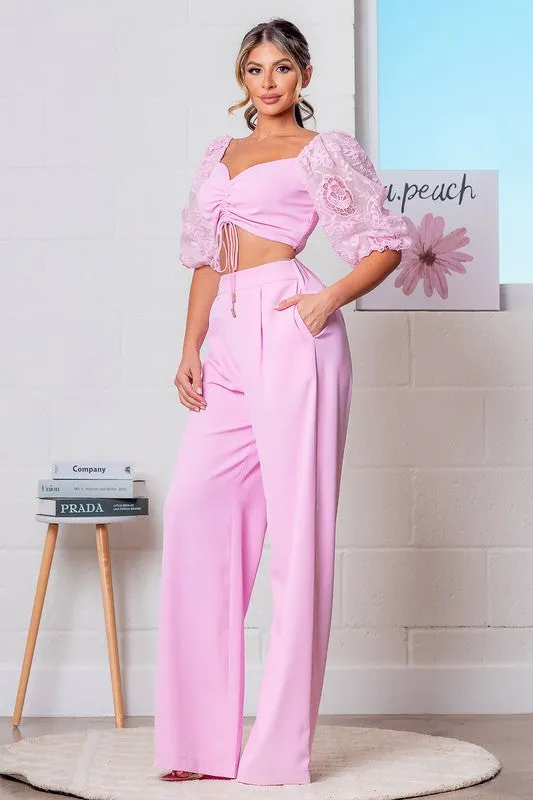 Pink Elbow Sleeve Top and Pants Set