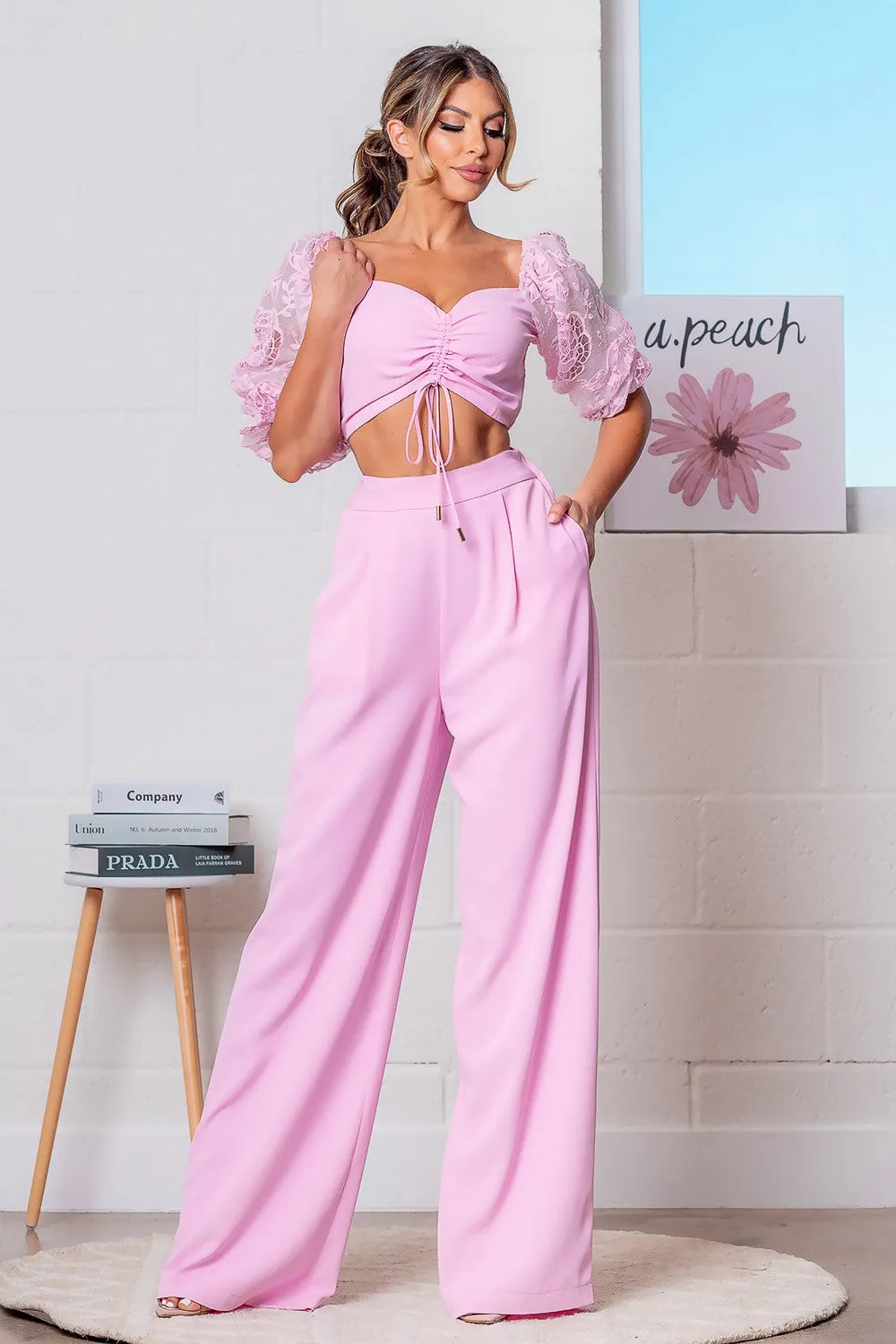 Pink Elbow Sleeve Top and Pants Set