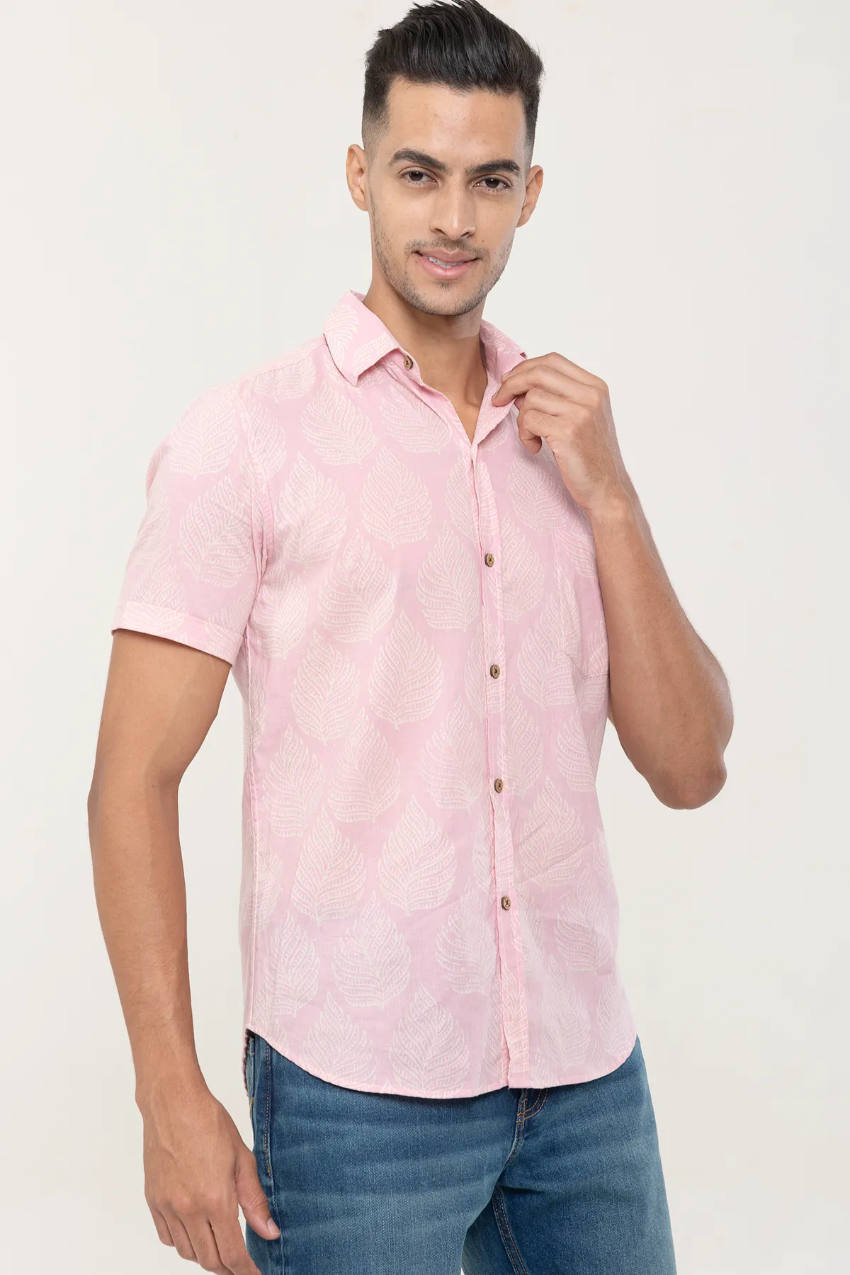 Pink Palm print cotton shirt half sleeves | Style Matters
