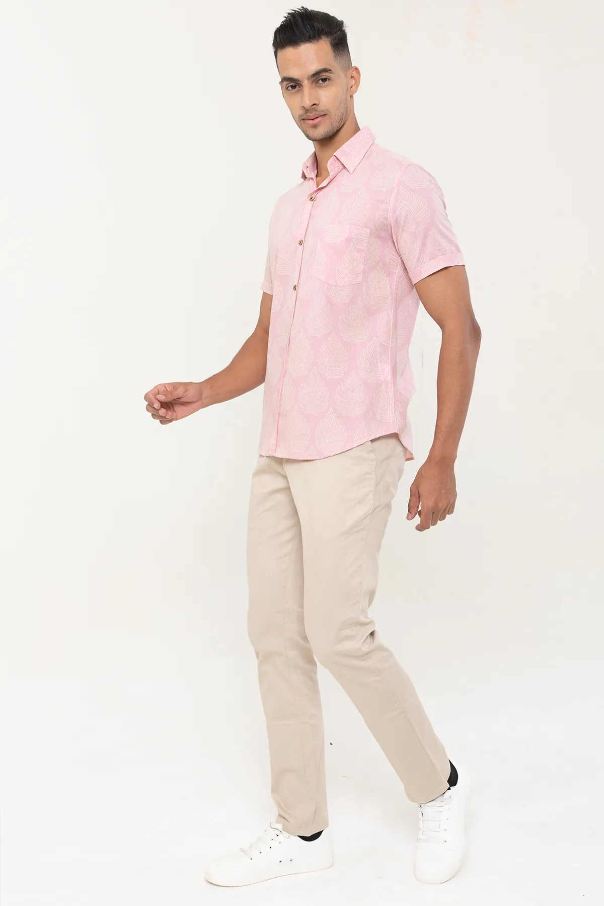 Pink Palm print cotton shirt half sleeves | Style Matters
