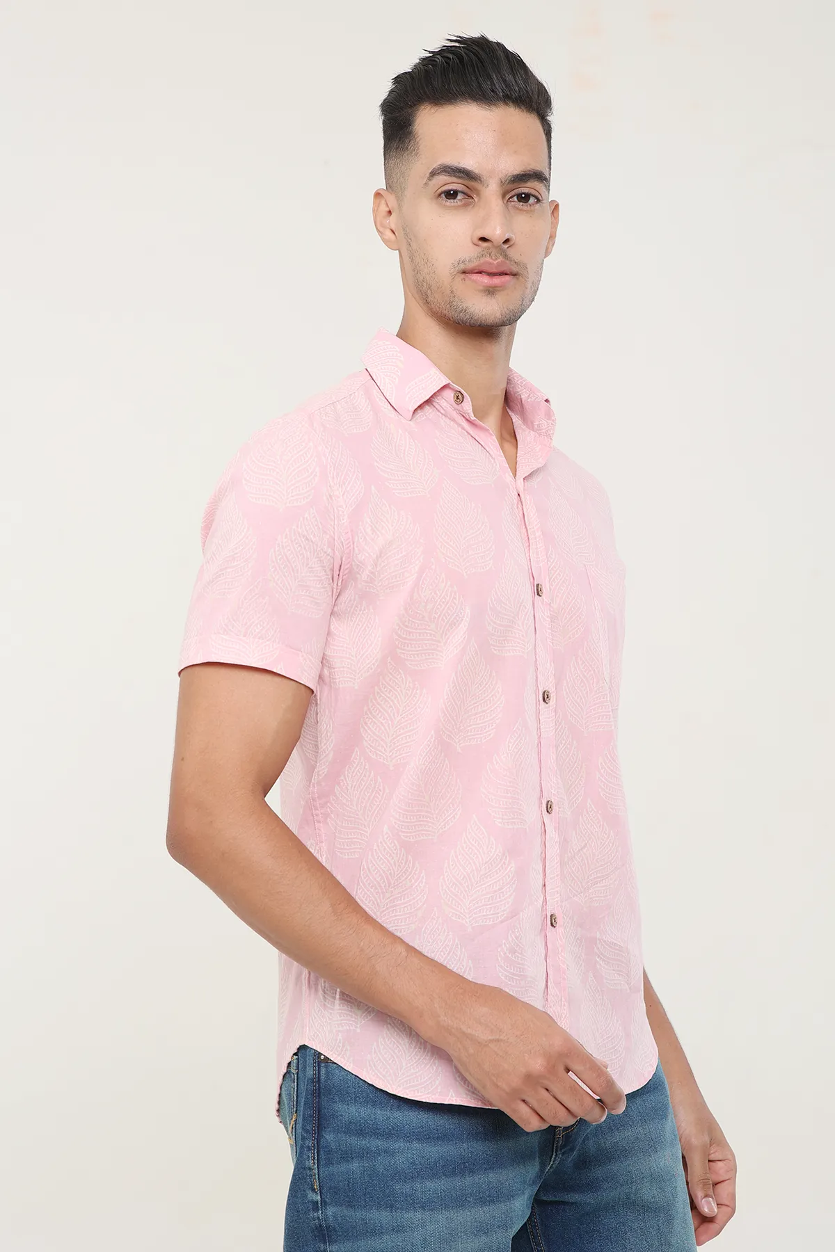 Pink Palm print cotton shirt half sleeves | Style Matters