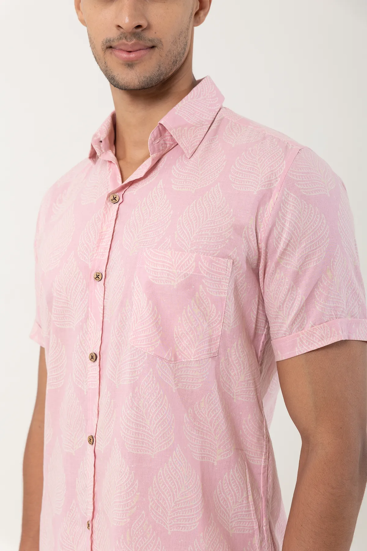 Pink Palm print cotton shirt half sleeves | Style Matters