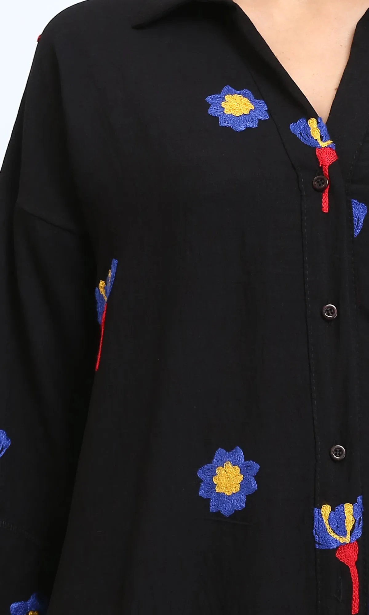 R206092 - Floral Shirt Dress with Side Pockets - Black