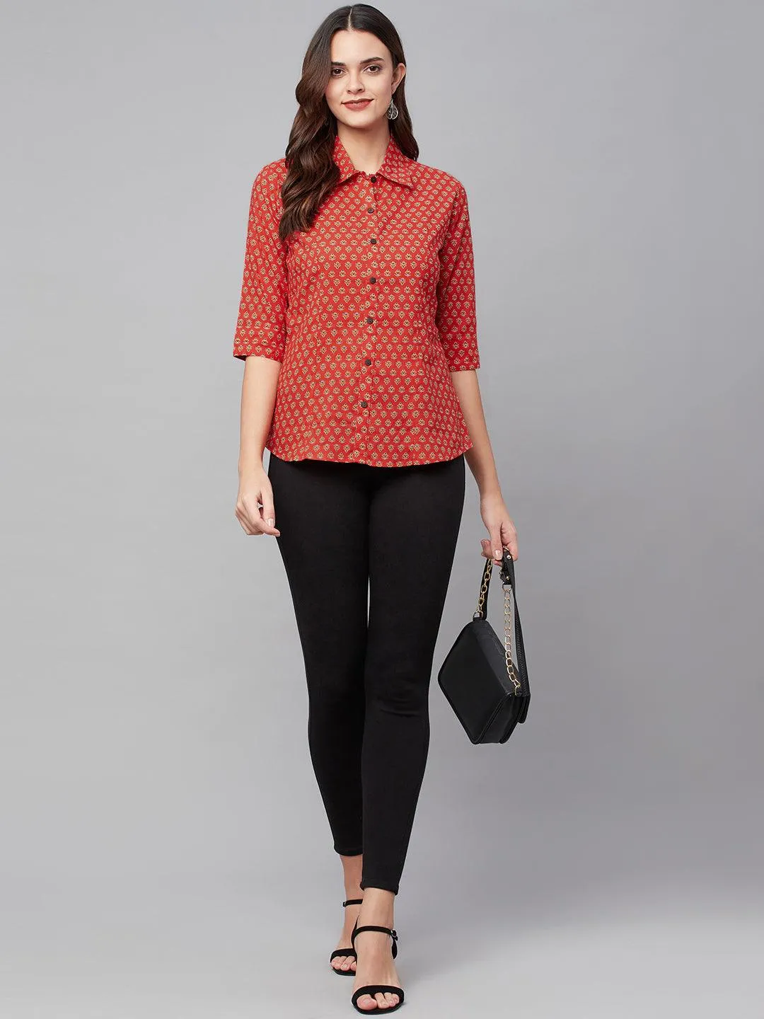 Red Block Printed Casual Women Shirts