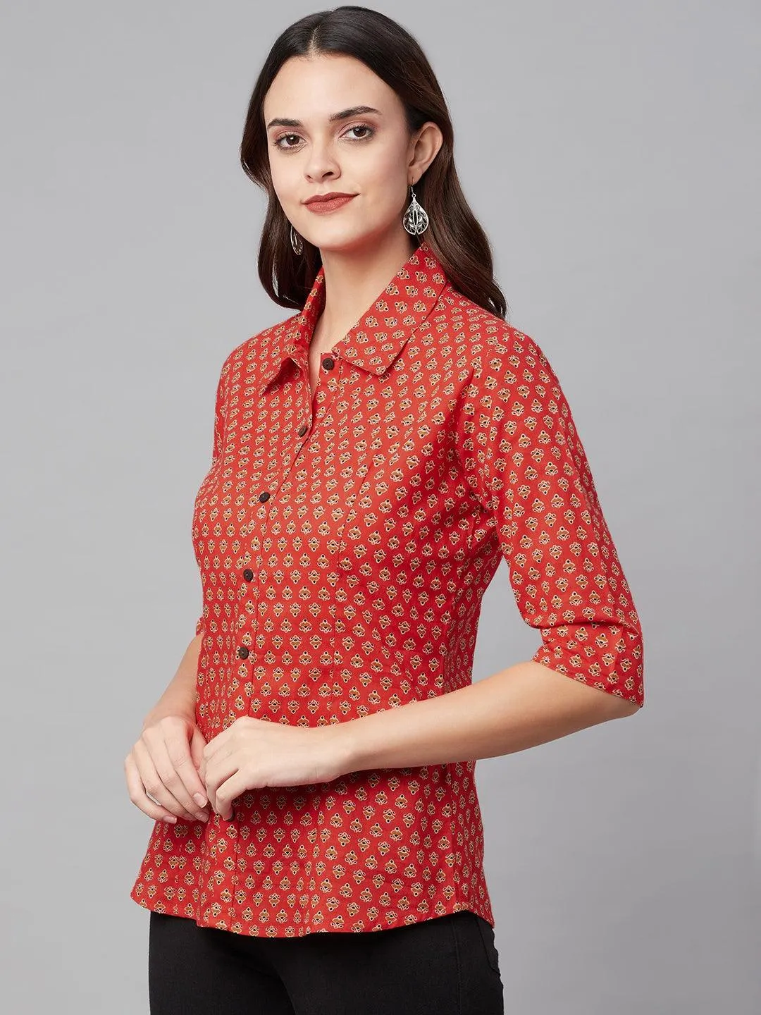 Red Block Printed Casual Women Shirts